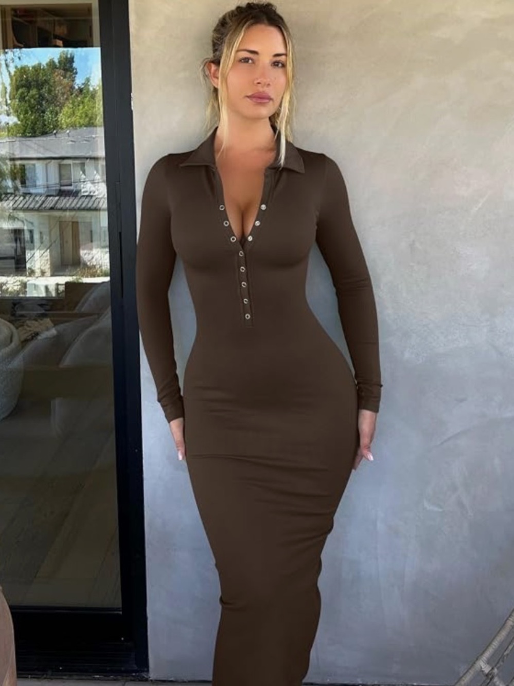 OQQ Long Sleeve Collared Button Front Compression Midi Dress in Dark Brown L